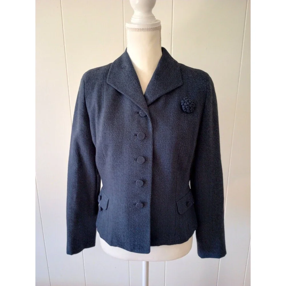 Vintage Hahne & Co Wool Blazer Jacket Women's Small Navy Blue Button Front 1950s - Picture 1 of 12